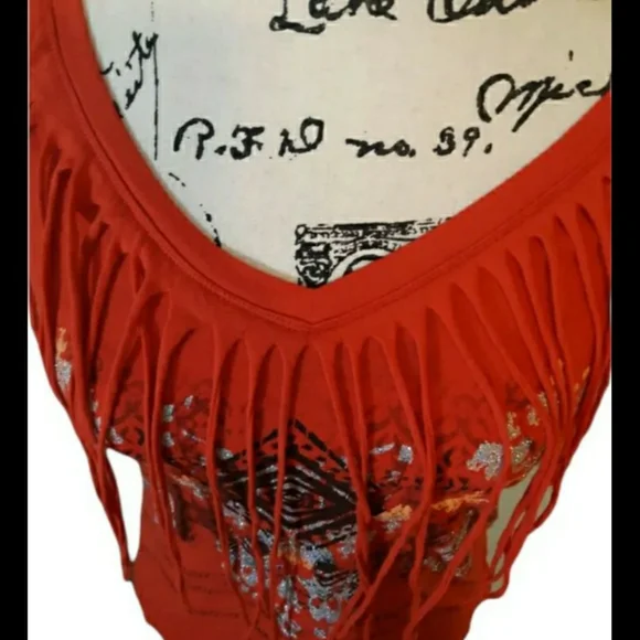 Womens sz Med Orange/Red silver tassel top short sleeve shirt nwotgs - Picture 6 of 8